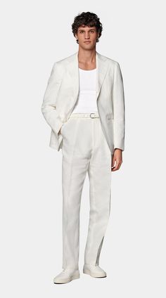 Off-White Tailored Fit Havana Suit in Linen Cotton Sondrio Italy, All White Mens Outfit, Linen Suit Men, Mens White Suit, Suit For Men Wedding, White Linen Suit, Perfect White Shirt, Tuxedo Shoes, Tuxedo Accessories