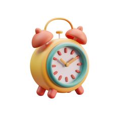 an alarm clock that is yellow and blue with pink hands on the face, sitting in front of a white background