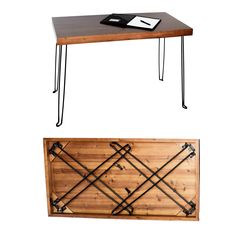 a wooden table with two metal legs and a book on top, next to an image of a laptop