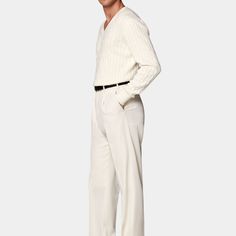 These off-white trousers are tailored to a wide-leg straight fit, offering a roomy feel through the hip and thigh with a wide straight leg opening. Featuring a high-rise waist, single pleat, belt loops, and slanted side pockets. White Trousers, Straight Pants, Wool Fabric, Workout Pants, Straight Leg, Wide Leg, High Rise, Trousers, Off White