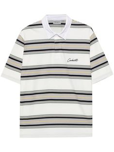 white/multicolour cotton jersey texture horizontal stripe pattern polo collar short sleeves front button placket embroidered logo at the chest side slits straight hem White Polo T-shirt With Striped Collar, White Cotton Polo Shirt With Striped Collar, Casual Summer Polo Shirt With Horizontal Stripes, Casual Short Sleeve Polo Shirt With Horizontal Stripes, Striped Relaxed Fit Short Sleeve Polo Shirt, Casual Short Sleeve Polo Shirt With Stripes, Casual Horizontal Stripe Short Sleeve Polo Shirt, Casual Short Sleeve Striped Polo Shirt, White Short Sleeve Tops With Signature Stripes