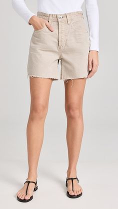 AG Clove Shorts | Shopbop Beige Straight Leg Jeans With Frayed Hem, Everyday Bottoms With Patch Pockets In Short Length, Everyday Bottoms With Patch Pockets And Short Length, Washed Short Length Bottoms For Everyday, Beige Stretch Casual Jeans, Casual Neutral Jeans With Five Pockets, Casual Stretch Beige Jeans, Beige Stretch Jeans Casual Style, Beige Mid-rise Bottoms With Frayed Hem