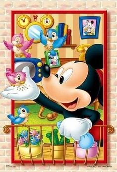 a cartoon mickey mouse with many different things in the room around him and his friends