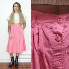 cute vintage 80s light pink cherokee gathered midi skirt featuring a button up front, high waist with elastic back, belt loops, hip pockets and an embroidered logo on the pocket - unlined = = = DESCRIPTION = = = BRAND: Cherokee LISTED SIZE: 10 Petite MATERIAL: 100% cotton COLORS: light pink FLAWS: - CONDITION: very good vintage condition = = = MEASUREMENTS = = = (taken while garment is flat, please double) WAIST: 13 to 17 inches max stretch HIPS: 23 inches WAIST TO HEM: 30 inches REF: Model is 5 Hell Rosa, Cherokee Rose, Stretch Hips, Voluminous Skirt, Pink Cotton, Light Pink, Midi Skirt, Womens Skirt, Button Up