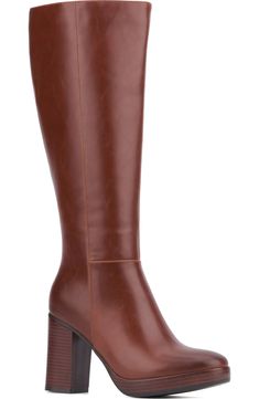 NEW YORK AND COMPANY Felicity Knee High Boot (Women) | Nordstromrack Brown Knee-high Boots With Medium Width, Faux Leather Mid-calf Boots For Office, Faux Leather Knee-high Boots For Work, Casual Faux Leather Knee-high Boots For Work, Casual Knee-high Boots For Workwear In Faux Leather, Wide Calf Heeled Boots For Workwear, Casual Knee-high Faux Leather Boots For Work, Casual Knee-high Boots For Workwear, Tall Heeled Boots For Office