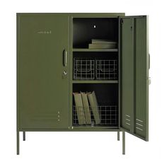 a green metal storage cabinet filled with books