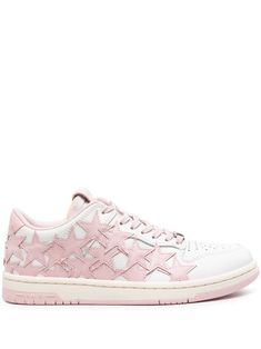 pink/white calf leather panelled design smooth grain/grained texture star patches detail round toe perforated toebox front lace-up fastening logo-engraved shoelace tag logo patch at the tongue branded heel counter flatform sole branded insole mesh lining Pink Amiri Shoes, Amiri Shoes, Star Patches, Iconic Bags, Flat Boots, Ballet Flat Shoes, Ski Wear, Pump Sandals, Golden Goose