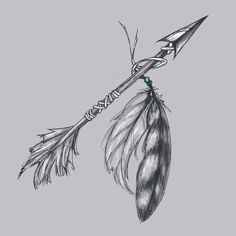 a drawing of an arrow with feathers hanging from it's end, on a gray background