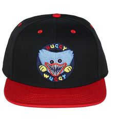 Elevate your style game with this Poppy Playtime Huggy OSFM black snapback hat, which features an embroidered design of Huggy and his razor-sharp, toothy grin with a contrasting red brim. This hat is a real attention-grabber, a conversation starter, and a great way to connect with fellow Poppy Playtime fans. With an OSFM (One Size Fits Most) design and an adjustable snapback closure, this hat ensures a comfortable and secure fit for everyone. Whether you have a smaller or larger head size, you c Fun Black Cotton Baseball Cap, Funny Black Snapback Trucker Hat, Black Baseball Cap For Streetwear, Novelty Snapback Baseball Cap, Funny Black Adjustable Snapback Hat, Funny Black Snapback Baseball Cap, Novelty Snapback Hat For Streetwear, Novelty Black Hat With Flat Bill, Novelty Black Flat Bill Baseball Cap