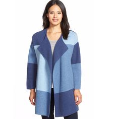 Nordstrom Collection Colorblock Wool & Cashmere Sweater Jacket Xxs/Xs Blue New Without Tags! Bold Blocks Of Beautiful Blues Enliven A Sweater Jacket That Keeps You Cozy In A Wonderfully Soft Wool-And-Cashmere Knit. An Inset Panel In The Back Adds Volume To The Easy Drop-Shoulder Style. Open Front, And Long Sleeves. Women's Size Xx/Xs - Pit To Pit: 20" Sleeves: 24.5" From Collar Length: 29" From Shortest 67% Wool, 29% Cashmere, 3% Nylon, 1% Spandex N6160 Nordstrom Sweaters, Patchwork Coat, Womens Sweater, Blue Wool, Cashmere Sweater, Cashmere Sweaters, Sweater Jacket, Pretty Outfits, Sweater Outfits