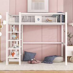 a white bunk bed sitting next to a pink wall