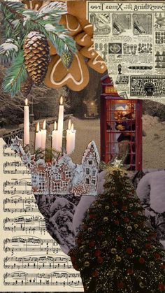 a collage of christmas images with candles and decorations in the foreground, an image of a phone booth