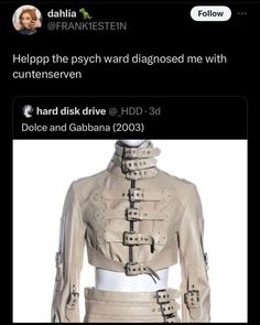 a woman's jacket on display with the caption, help the psych wardd