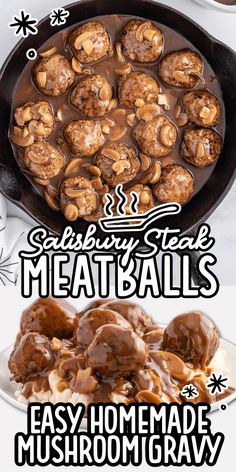 an image of meatballs in a skillet with mushrooms and gravy on the side