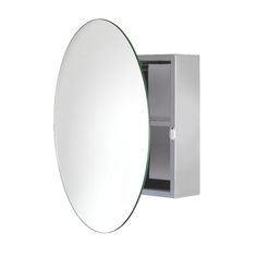 a mirror that is on the wall next to a cabinet with it's door open