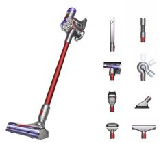 several different types of vacuums and attachments on a white background, including one with a red handle