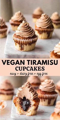 vegan tirami cupcakes with chocolate frosting in the middle and on top