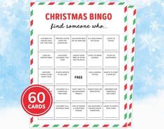 a christmas bingo game with the words, find someone who 50 cards are in red and green