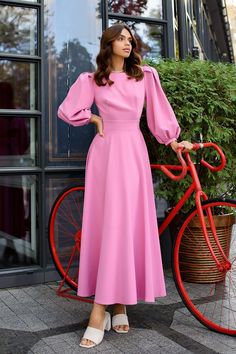 Fabric: Crepe Cotton 75%, Polyester 20%, Elastane 5% Round neckline Puff sleeves Long sleeves Bow tie back detail Button lock at the back Backless dress Midi length Puff Sleeve Midi Dress, Pink Dresses, Dress Dusty, Fashion Mistakes, Sleeve Midi Dress, Long Puff Sleeves, Midi Length Dress, Modest Dresses, Dusty Pink