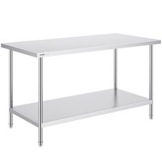 a stainless steel work table with one shelf on each side and two legs at the bottom