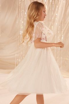 Wildflower Ditsy Bodice Kids Dress – Champagne | Needle & Thread Long Sleeve Kids Dress, Kids Prom Dresses, Garden Paintings, Dress Champagne, Long Sleeve Kids, Prom Dress Shopping, Soft Tulle, Needle Thread, Pastel Shades