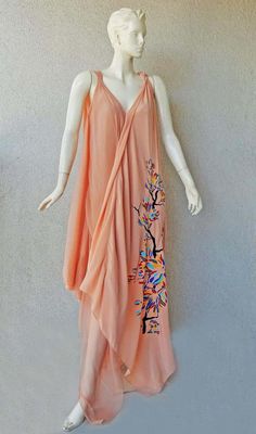 For Sale on 1stDibs - Vionnet 'Dahlia' soft peach silk 'V' neck caftan dress with separate nude spaghetti strap slip. Handkerchief hemline. Multi color hand applied tiny raised Luxury Sheer Dupatta V-neck Dress, Luxury Evening Nightgown With V-neck, Silk V-neck Nightgown For Summer, Summer Embroidered V-neck Kaftan, Embroidered V-neck Evening Kaftan, Caftan Dress, Silk Chiffon, Dahlia, Spaghetti Strap