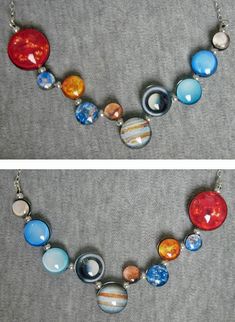 "This necklace was made using photos of the solar system, glass domes, resin, and sterling silver. It is double sided, with each side depicting different vantage points of the sun, each planet and Pluto. I have placed them on the necklace according to their distance from the sun in a very wiggly and fun manner, they are as follows: Mercury, Venus, Earth, Mars, Jupiter, Saturn, Uranus, Neptune, and Pluto, the dwarf planet i refuse to ignore.     The orbs measure between 8mm and 18mm, and have bee Multicolor Resin Round Jewelry, Multicolor Round Resin Jewelry, Nickel-free Round Glass Jewelry, Sterling Silver Space-themed Jewelry, Venus And Mars, Planet Necklace, Minimalist Icons, Fantasy Jewelry, Nail Art Diy