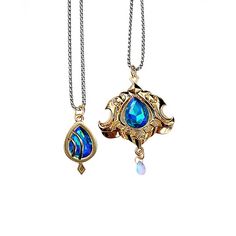 two necklaces with blue and gold designs on them