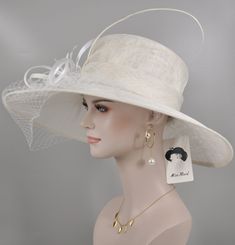 Sinamay Fascinator For Church, Summer Wedding Wide Brim Headpiece, Wide Brim Summer Wedding Headpiece, Elegant Wide Brim Top Hat For Church, Adjustable Cloche Sun Hat For Wedding, Elegant Formal Sinamay Boater Hat, Elegant White High Crown Mini Hat, Elegant Formal Boater Hat In Sinamay, Cream Costume Hats And Headpieces For Church