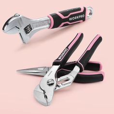 two pairs of pink and black pliers on top of each other with the words workpro written on them