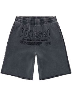 black cotton faded effect embroidered logo to the front elasticated waistband two side inset pockets two rear patch pockets straight leg knee-length