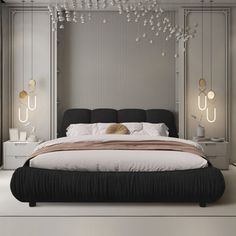 a bedroom with a bed and chandelier hanging from it's ceiling above the bed