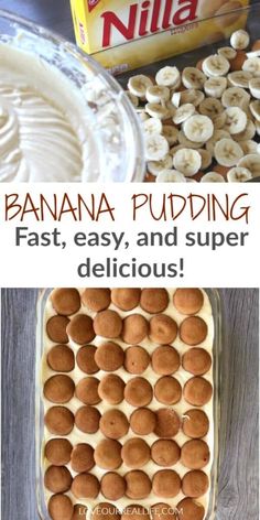 banana pudding in a glass baking dish with the words, bananas pudding fast, easy and super delicious