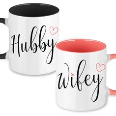 two coffee mugs with the words hubby and wife printed on them, sitting side by side