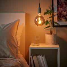 a light bulb hanging over a bed next to a vase with a plant in it