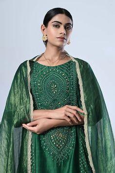 Green kurta with fabric dori hand embroidery in floral pattern, elevated with metal sequins and beads. Paired with a block printed pant and dupatta. - Aza Fashions Embellished Green Chanderi Dupatta, Embellished Green Chanderi Salwar Kameez, Embellished Anarkali Set For Transitional Season, Embellished Silk Dupatta For Navratri, Huma Qureshi, Rhea Kapoor, Mira Rajput, Genelia D'souza, Karisma Kapoor