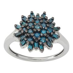 Decorated with a cluster of beautiful blue diamonds, diamonds, this sterling silver cluster ring is a captivating accessory. Decorated with a cluster of beautiful blue diamonds, diamonds, this sterling silver cluster ring is a captivating accessory. Metal: sterling silver Plating: rhodium Width: 1.50 mm Finish: polishedDIAMOND DETAILS Total weight: 3/4 ct. Color: blue Shape: round Setting: pave Gemstones may have been treated to enhance their appearance. Special care may be required. Please visi Sapphire Cluster Diamond Ring With Brilliant Cut, Blue Diamond Cluster Ring With Prong Setting, Sapphire Cluster Ring In Cubic Zirconia, Blue Cluster Ring With Cubic Zirconia, Blue Cluster Diamond Ring With Halo Setting, Dazzling Cluster Ring With Pave Setting, Blue Cluster Ring For Formal Occasions, Formal Blue Cluster Ring, Cluster Sapphire Ring With Diamond Accents For Promise