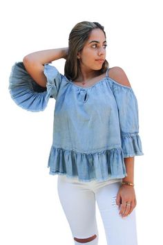 Off Shoulder Ruffle Top, Fitted Blouses, Ruffle Sleeves, Ruffle Top, Denim Top, Ruffles, Extra Large, Off Shoulder, Top Shirt