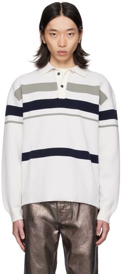 Knit stretch virgin wool-blend polo. Jacquard stripes throughout. · Rib knit spread collar and cuffs · Three-button placket · Dropped shoulders · Logo plaque at back collar Supplier color: Mascarpone/Navy/Ash Classic Collared Polo Sweater With Contrast Stripes, Classic Collared Jacquard Knit Polo Sweater, Classic Striped Sweater With Ribbed Collar, White Long Sleeve Polo Sweater With Striped Collar, Classic Striped Polo Sweater With Ribbed Collar, Classic Striped Polo Sweater With Polo Collar, Classic Winter Polo Sweater With Striped Collar, Embroidered Polo Shirts, Ferragamo Men