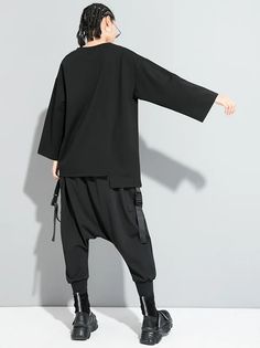 UOOZEE Black Asymmetrical T-shirt For Spring, Black Asymmetrical Cotton Top, Black Oversized Top With Asymmetrical Hem, Oversized Black Top With Asymmetrical Hem, Oversized Black Techwear T-shirt, Black Tops With Relaxed Fit And Asymmetrical Hem, Black Tops With Asymmetrical Hem And Relaxed Fit, Baggy Black Crew Neck Top, Black Asymmetrical Hem Top For Fall