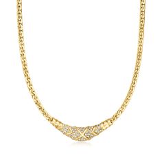 Ross-Simons - C. 1990 Vintage 1.25ct t. w. Diamond Graduated Fancy-Link Necklace. 16". C. 1990. This stunning statement from our Estate collection is a formal ensemble's best friend. The graduated necklace suspends a decorative center crescent of 1.25 ct. t. w. round brilliant-cut diamonds in 18kt yellow gold from a glossy fancy-link chain. Graduates from 1/8" to 2 3/8" wide. Includes a figure 8 safety. Box clasp, diamond graduated fancy-link necklace. Exclusive, one-of-a-kind Estate Jewelry. Di Formal Gold Necklace With Pave Setting, Classic Formal Diamond Necklace With Pave Setting, Classic Diamond Necklace With Pave Setting For Formal Occasions, Vintage Jewelry With Pave Setting For Formal Occasions, Yellow Diamond Necklace, Statement Jewelry Necklace, Diamond Chain Necklace, Safety Box, Graduation Necklace