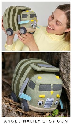 a woman holding up a stuffed animal in front of her face and another photo of a green bus