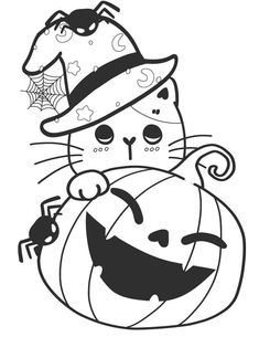 a black and white drawing of a cat wearing a witches hat sitting on top of a pumpkin