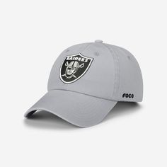 Las Vegas Raiders Primary Logo Casual Cap FOCO Silver - FOCO.com Curved Brim Baseball Cap With Team Logo, Curved Bill Hat With Team Logo For Sports Event, Dad Cap With Embroidered Logo For Fan Gear, Dad Hat With Embroidered Logo For Fan Gear, Embroidered Logo Dad Hat For Fan Gear, Fan Gear Dad Hat With Embroidered Logo, Team-colored Snapback Dad Hat For Fan Gear, Sporty Baseball Cap With Team Logo For Fans, Team-colored Dad Hat Snapback For Fans