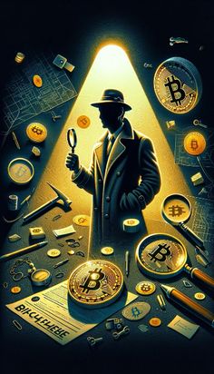 a man holding a magnifying glass surrounded by bitcoins and other items