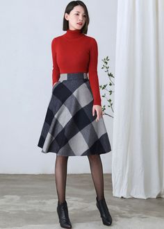 "★★ FEATURES * Wool skirt * Polyester lining * Two side seam pockets * Right zipper closure * back little elastic band * Plus size full skirt * A Line Skirt * Perfect for Winter, autumn * Dry clean ★★ The model is 170 cm (5′ 7″) tall with a 80 cm (31.5\") bust, 66 cm (26\") waist. She is wearing the wool plaid skirt in size XS. ★★ Bespoke Order Service If you Request other color Request the length Your height is not between 155 cm- 172 cm Your weight is over 75 kg I can do it for you, It will ne Winter Pleated Mini Skirt, Red Knee-length Skirt For Fall, Red Winter Midi Skirt, Red Midi Skirt For Winter, Red Winter Skirt With Relaxed Fit, Red Knee-length Winter Bottoms, Red Knee-length Bottoms For Winter, Red Knee-length Mini Skirt For Fall, Winter Lined Relaxed Skirt