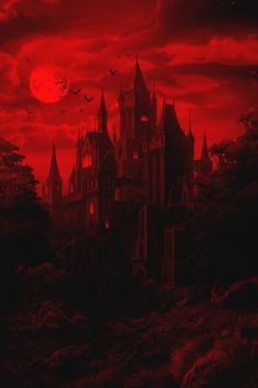 an image of a castle at night with bats flying in the sky and blood red clouds