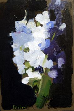 a painting of blue and white flowers in a vase