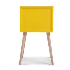 a yellow chair sitting on top of a white floor next to a wooden frame and legs