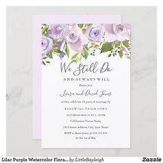 a wedding shower card with purple flowers and greenery on the front, in white